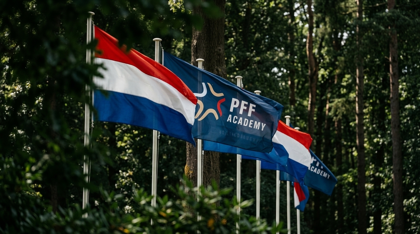 PFF Academy-vlaggen tussen de Nederlandse vlaggen langs de bosrand